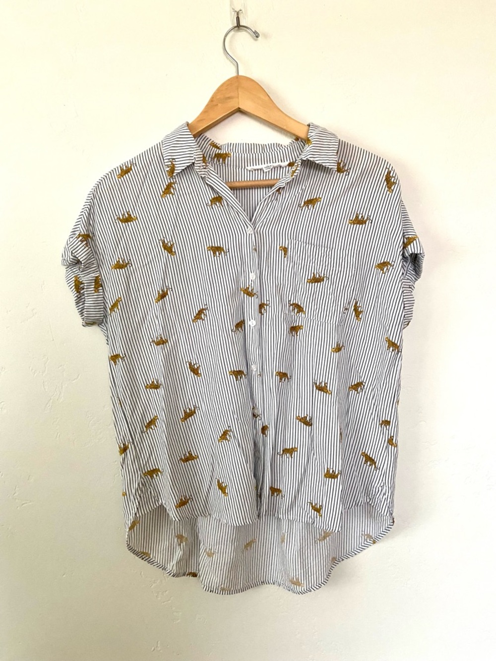 Jane and Delancey White Striped Button-Down with Mustard Animal Print